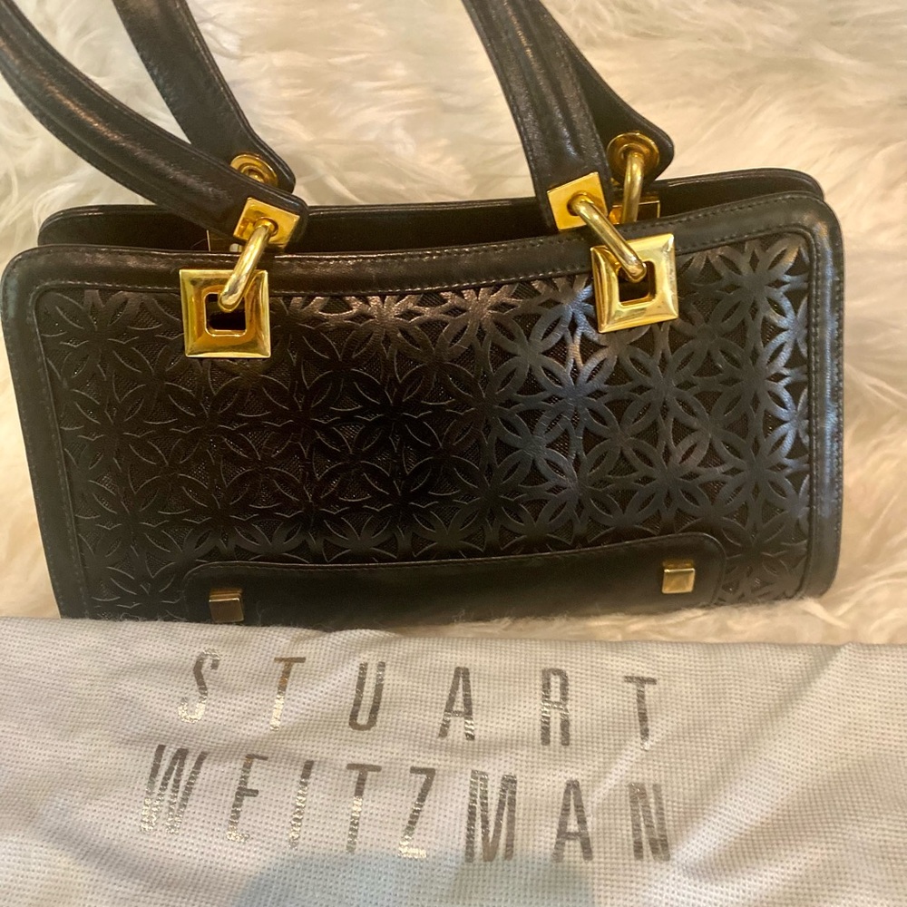 Stuart Weitzman Black Shoulder Bag with Gold Accents
